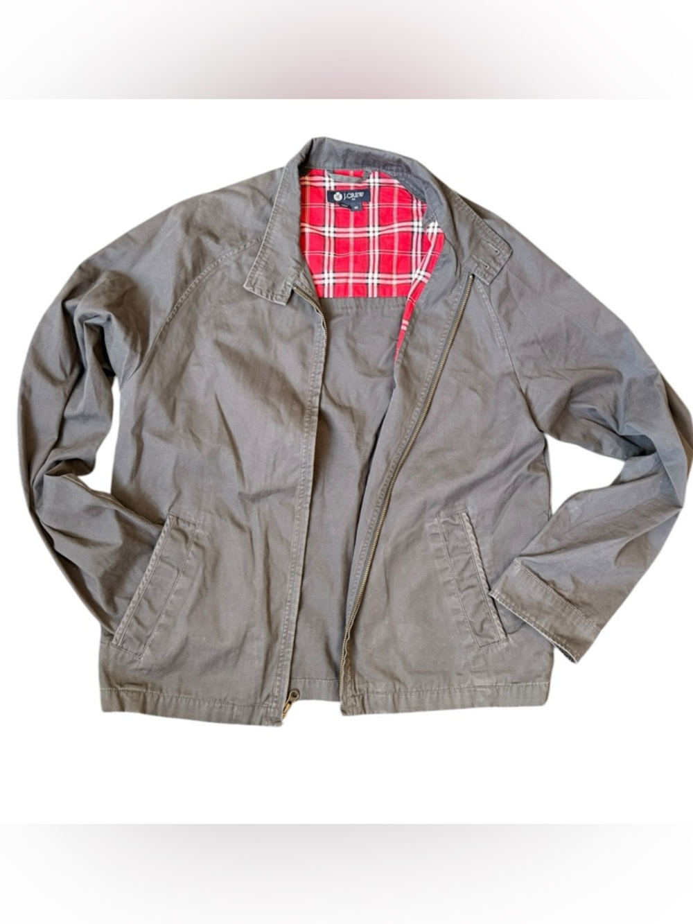 J.Crew Men’s Medium Gray Harrington Jacket withRed Plaid Lining Zip Front Casual